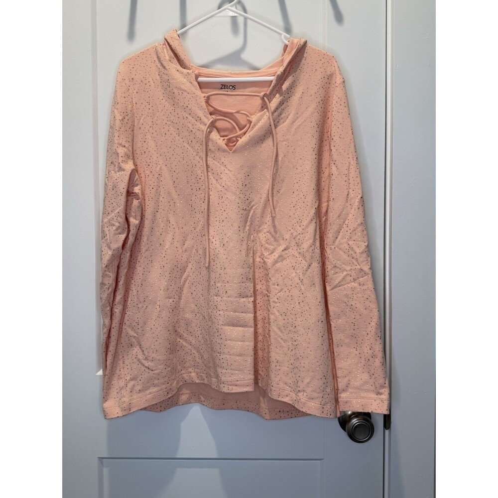 Zelos Womens Peach Lace Up Hoodie Top Sparkle Athletic Pullover Long Sleeve L